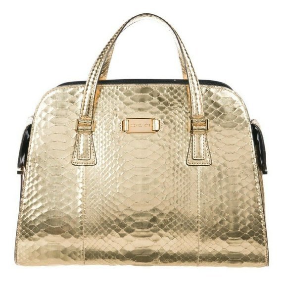 Michael Kors Metallic Gold Python Gia /Gold Tone Hardware Dual Flat Handbag - Picture 8 of 8
